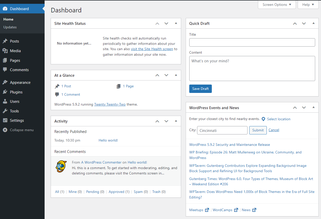What the WordPress dashboard looks like